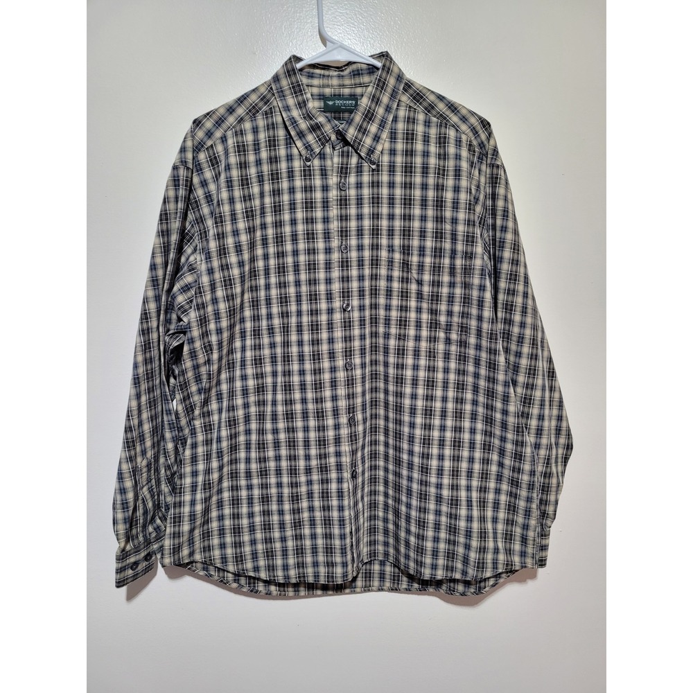 Dockers Recode Button Down Shirt Mens Large Blue Tan‎ Plaid Long Sleeve